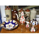 Five stoneware foot warmers; & various items of decorative china, part w.a.f.