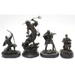 A bronze figure of Neptune, 13¾” high; & three bronze figures of ancient warriors.