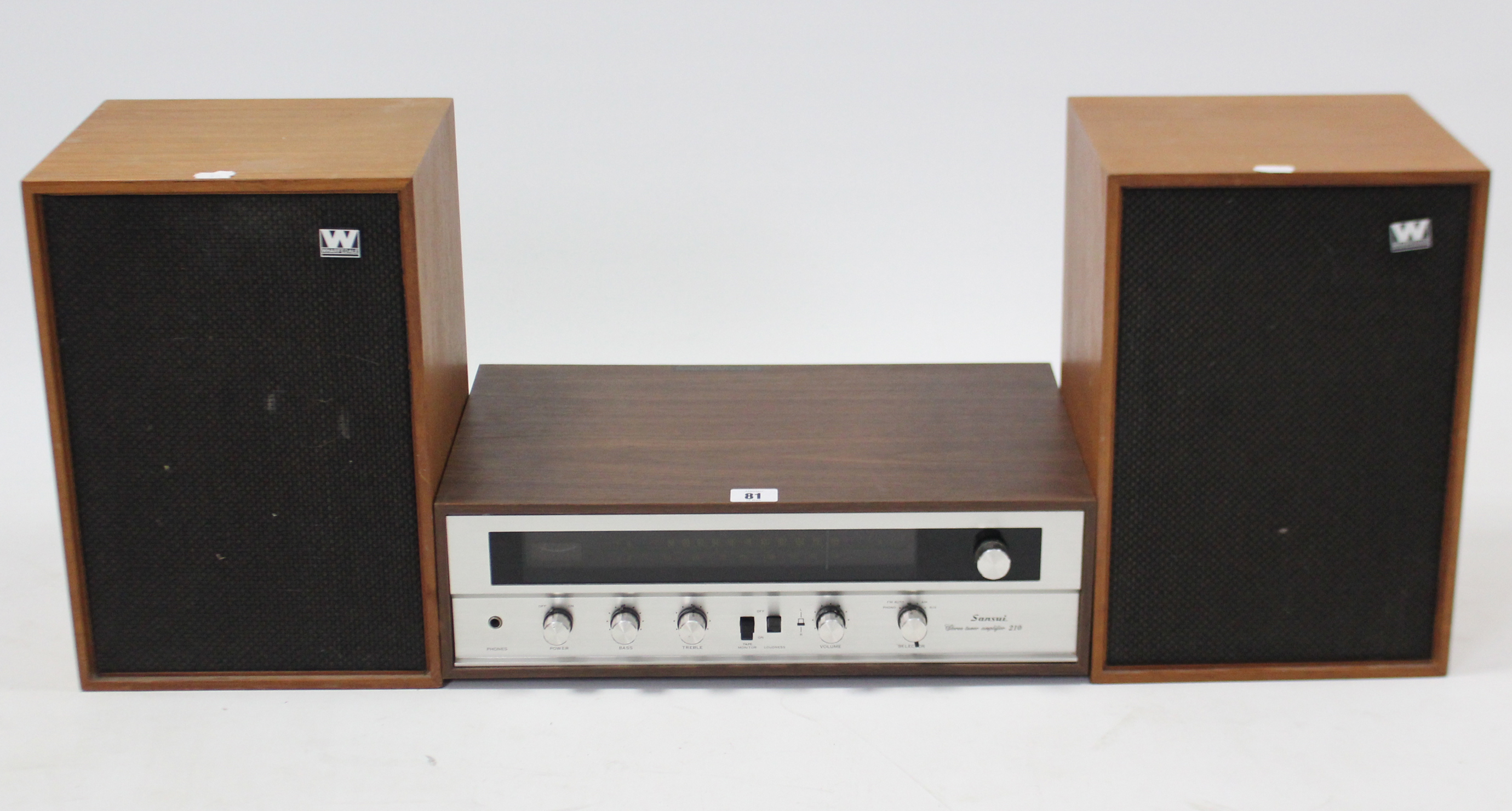 A Sansui stereo tuner amplifier (Model 210); & a pair of Wharfedale hi-fi speakers.