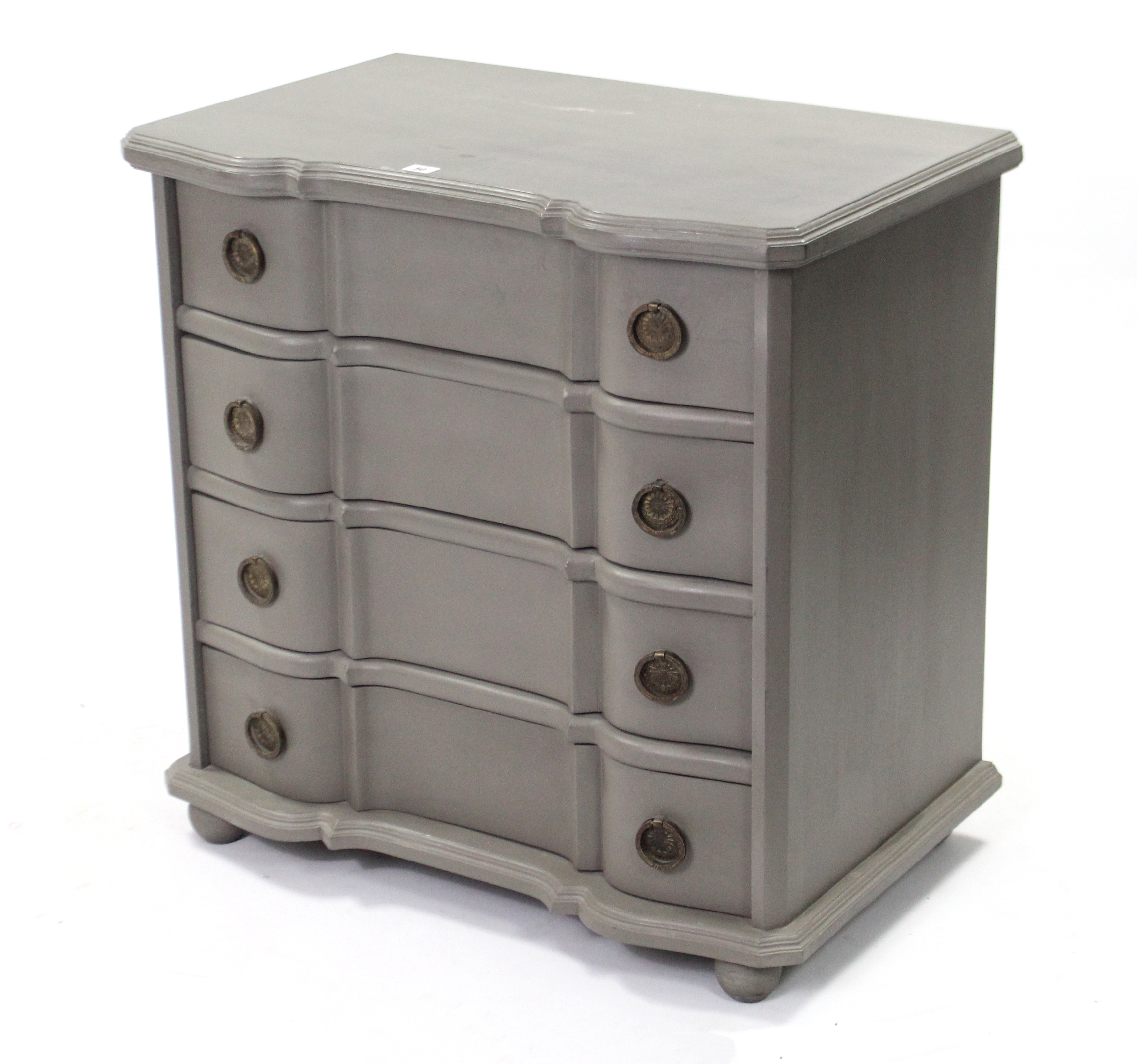 A continental-style grey painted wooden small inverted break-front chest fitted four long