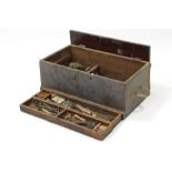 A light grey painted deal tool chest with hinged lift-lid, 29¾” wide, containing various hand