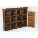 A set of pine open wall shelves, 46” x 37¾”; & a small pair of pine corner shelves, 15½” x 30”.