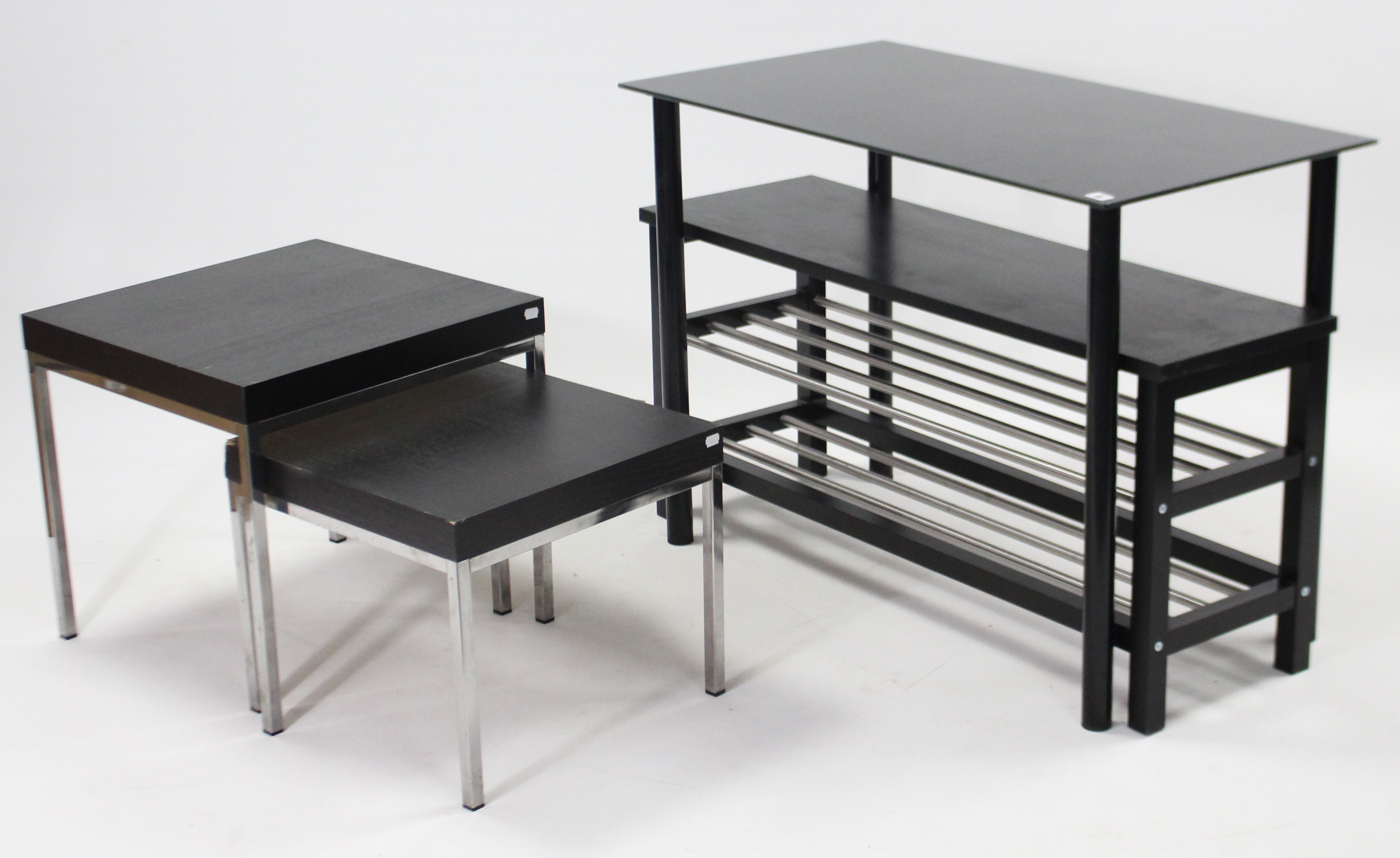A black-finish side table, 39” wide; similar shoe-rack; & a black-finish nest of two square