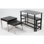 A black-finish side table, 39” wide; similar shoe-rack; & a black-finish nest of two square