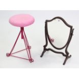 A retro-style painted wrought-iron stool with padded circular revolving seat, 21” high; & a mahogany