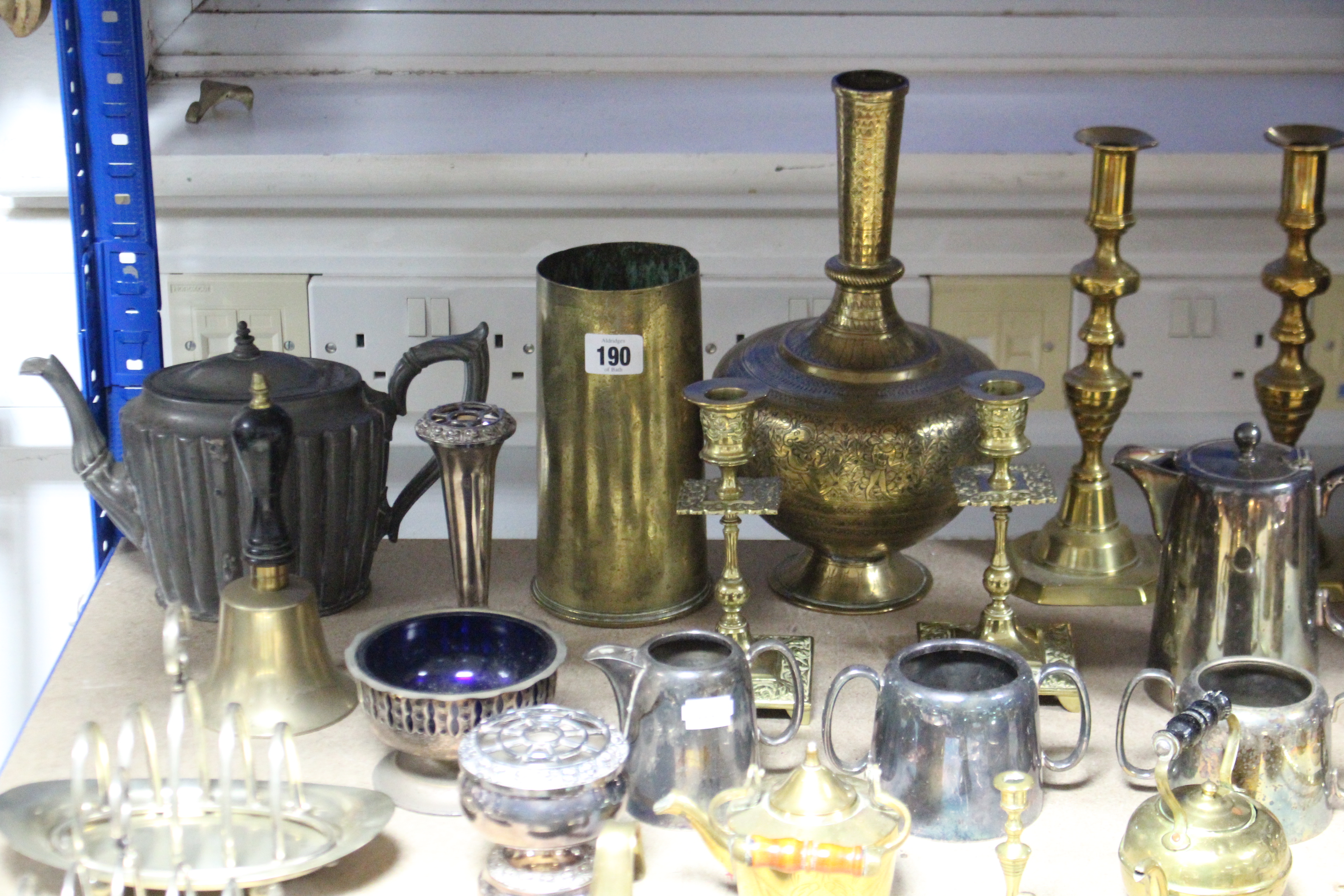 Two pairs of brass candlesticks, 10”, & 6” high; & various other items of metalware & plated ware.