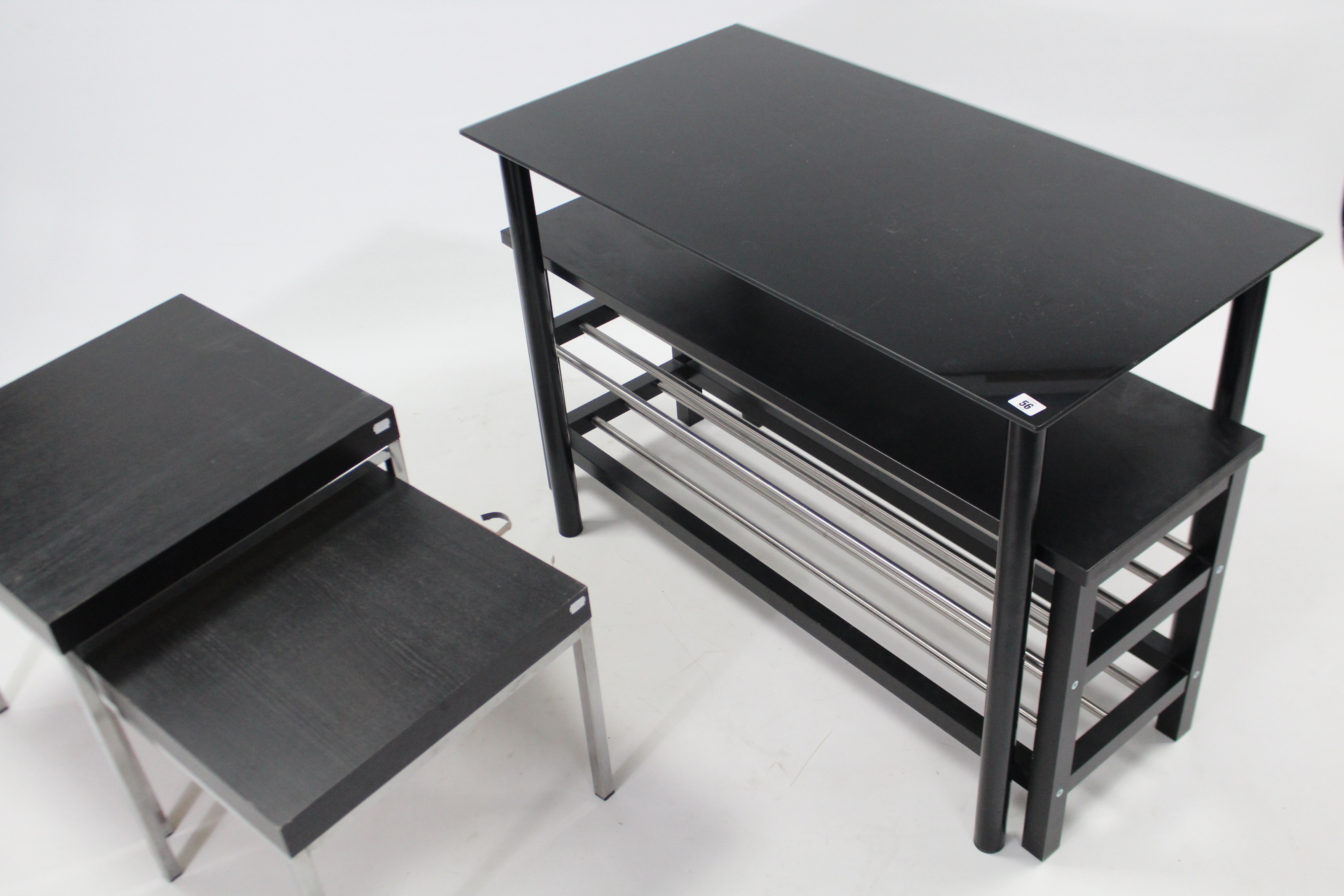 A black-finish side table, 39” wide; similar shoe-rack; & a black-finish nest of two square - Image 2 of 3