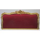 A 19th century-style carved giltwood frame double headboard upholstered crimson satin, 77½” long x
