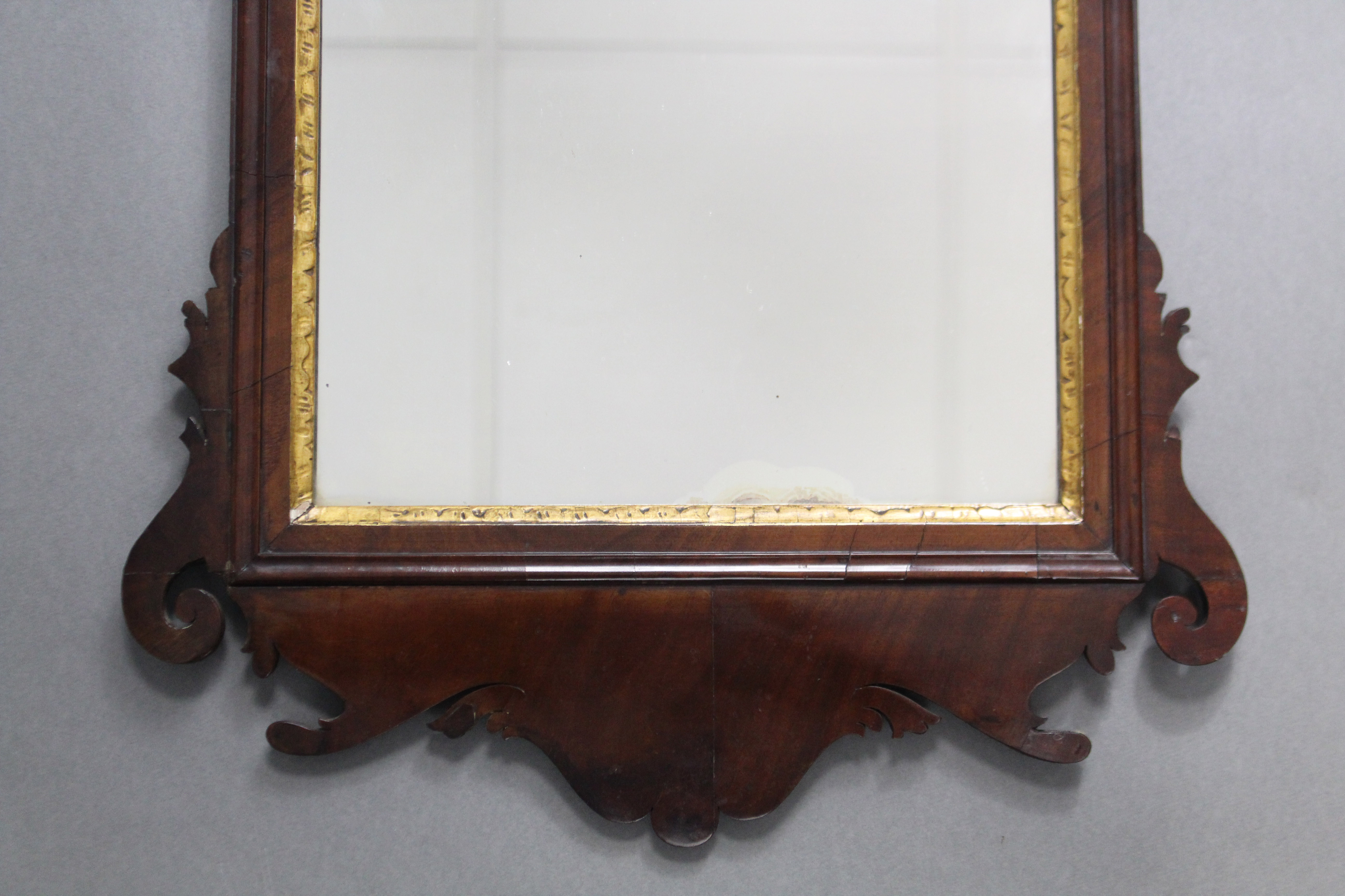 A 19th century mahogany Swansea-type rectangular wall mirror in fret-carved scroll frame with gilt - Image 3 of 4