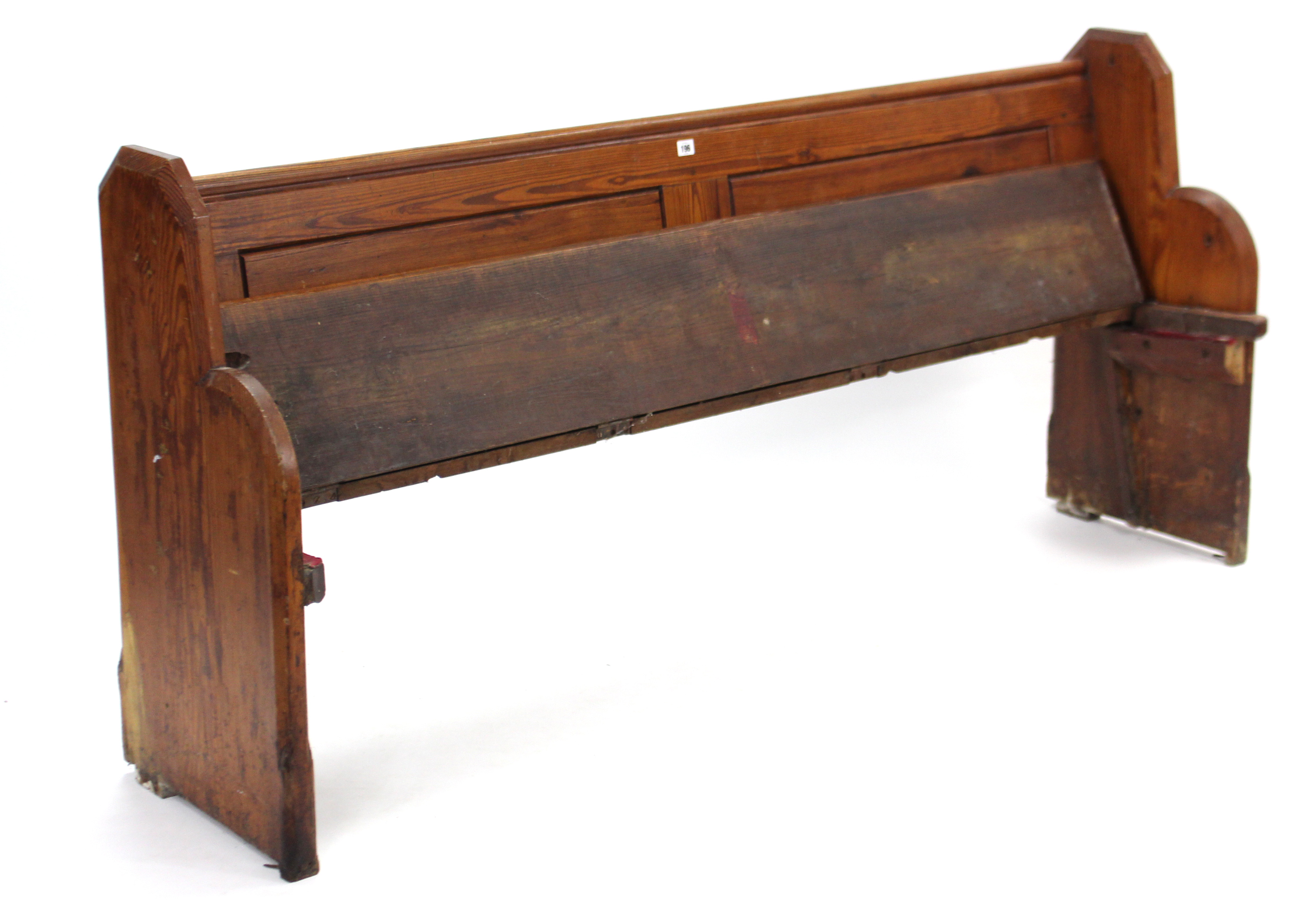 A Victorian pitch-pine pew with panelled back, hinged seat, & on shaped end supports, 74” long x 35” - Image 2 of 2