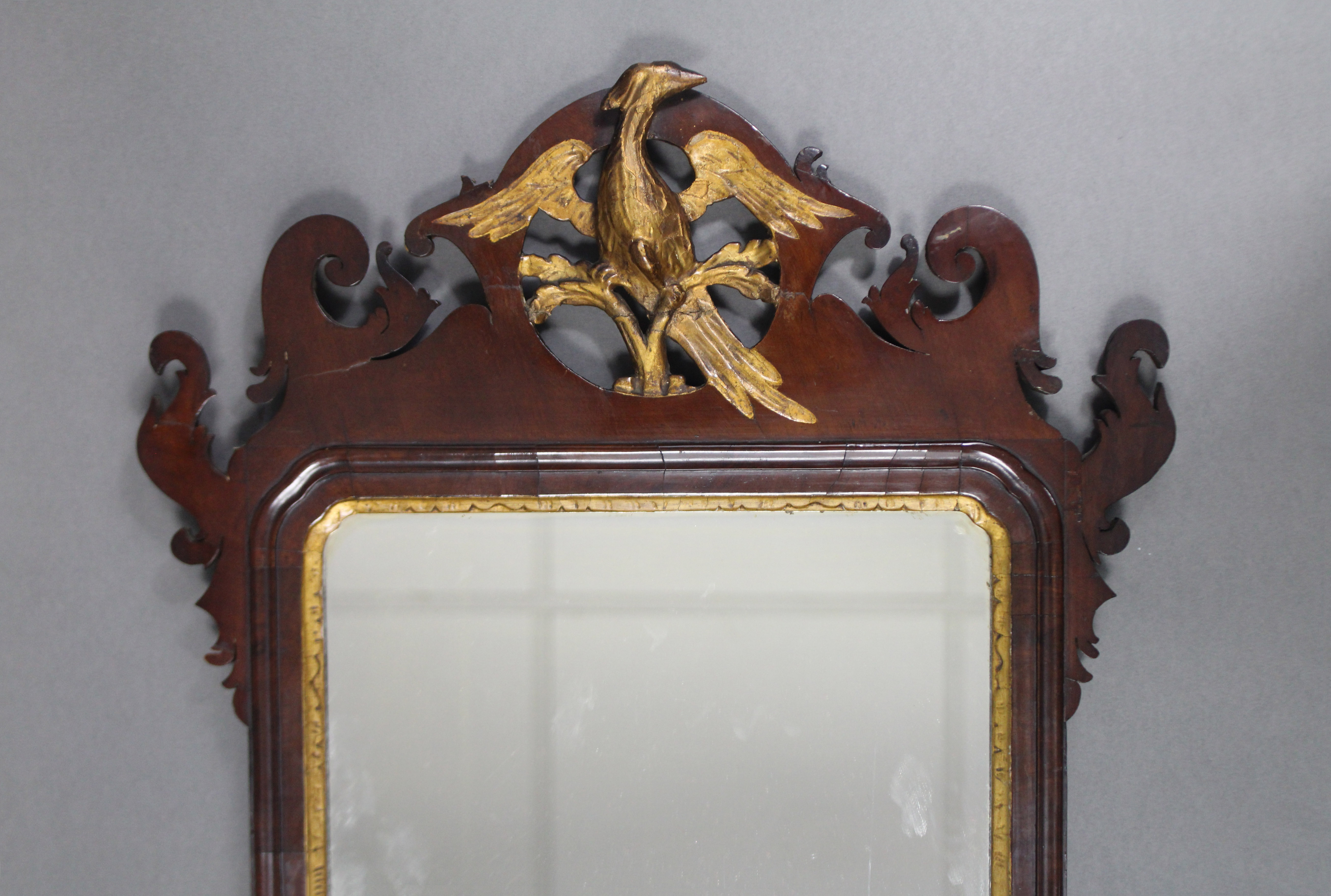 A 19th century mahogany Swansea-type rectangular wall mirror in fret-carved scroll frame with gilt - Image 2 of 4