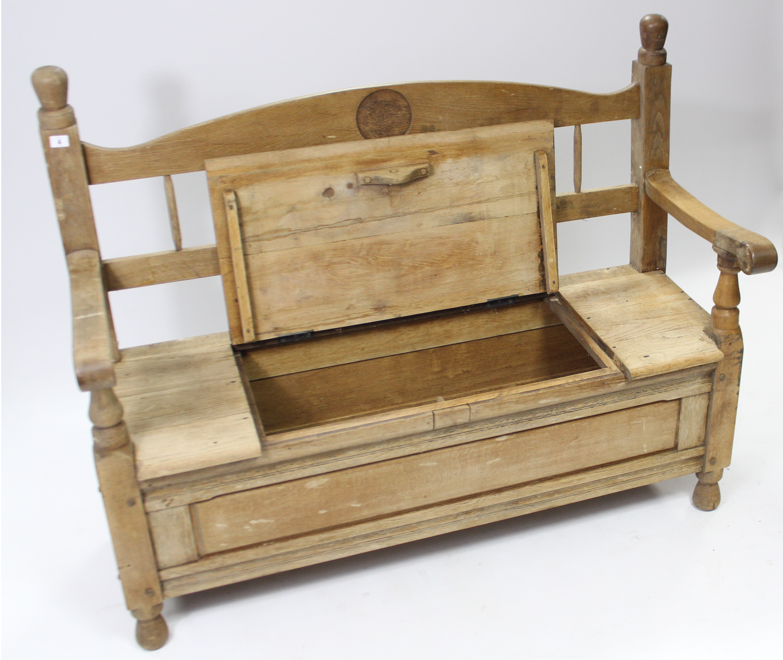 A light oak hall bench with spindle-rail to the back, with hinged lift-seat, panelled front & sides, - Image 3 of 3