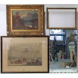 A large rectangular wall mirror, 30” x 29”; two decorative pictures; & various picture frames.