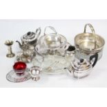 Two silver plated teapots, & various other items of platedware.