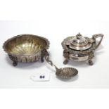 A late Victorian silver sugar bowl of fluted circular design & on three short cabriole legs, 4¾”