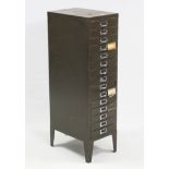 A green art-metal small upright office filing chest fitted fifteen long drawers, 11” wide x 39½”