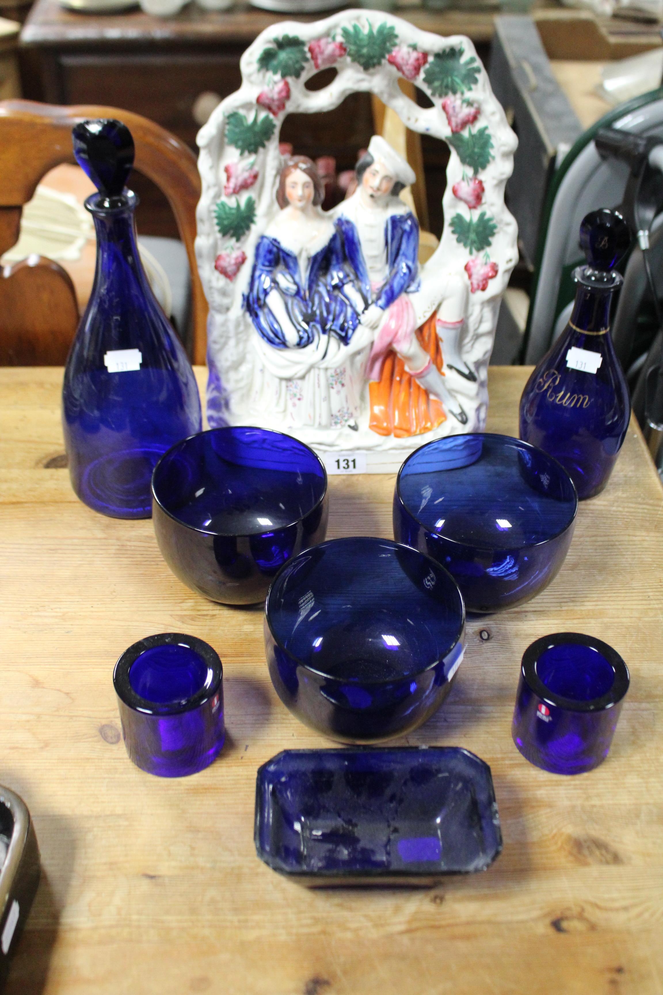 A Staffordshire pottery flat-back romantic figure group, 13¾” high; two blue glass decanters; & - Image 4 of 4