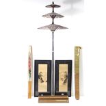 A pair of Japanese landscapes; a Japanese lantern; a Japanese parasol; a Japanese wall fan; & two