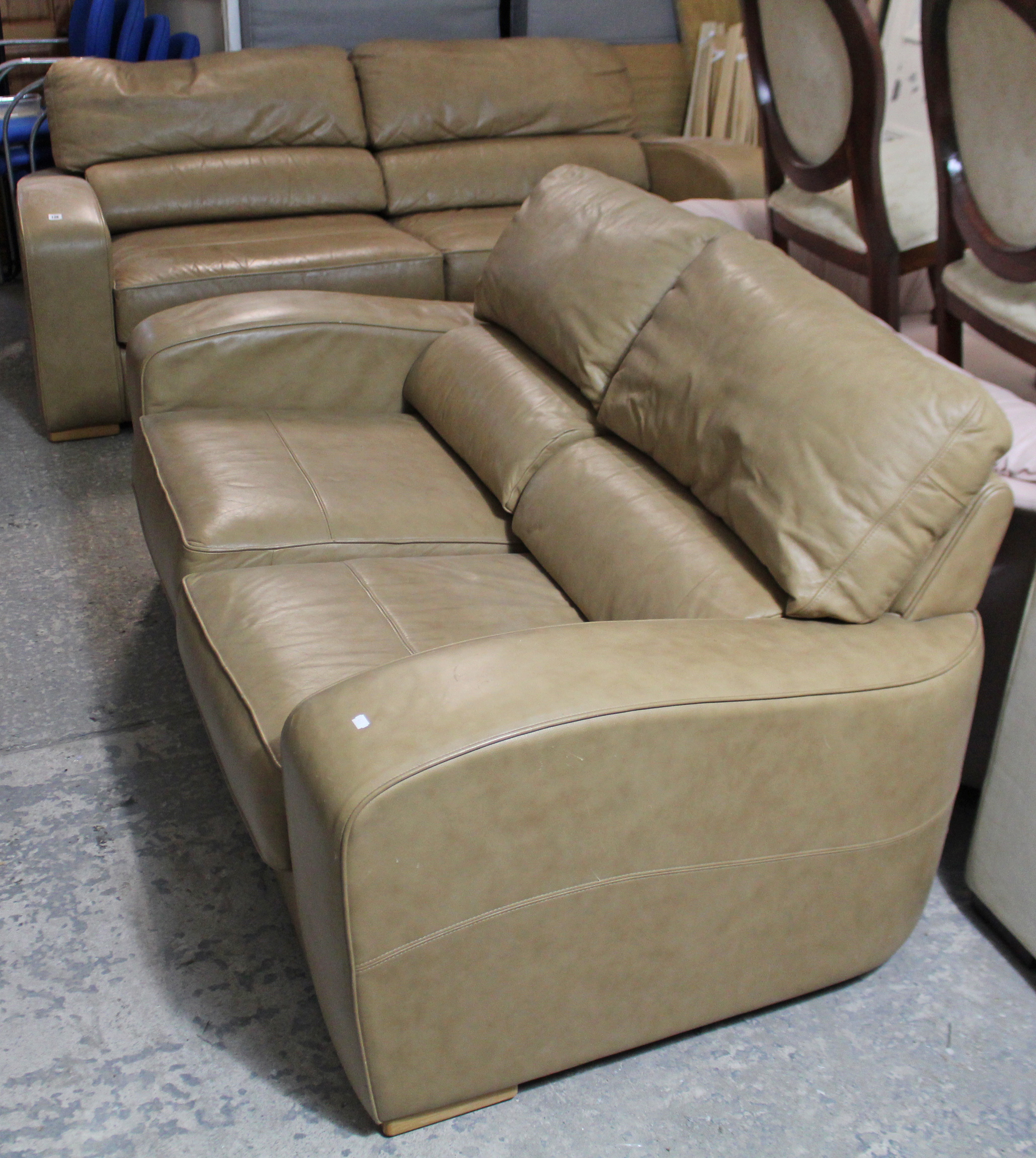 A tan leather three seater settee, 65” long; & a ditto two-seater settee, 84” long. - Image 3 of 3