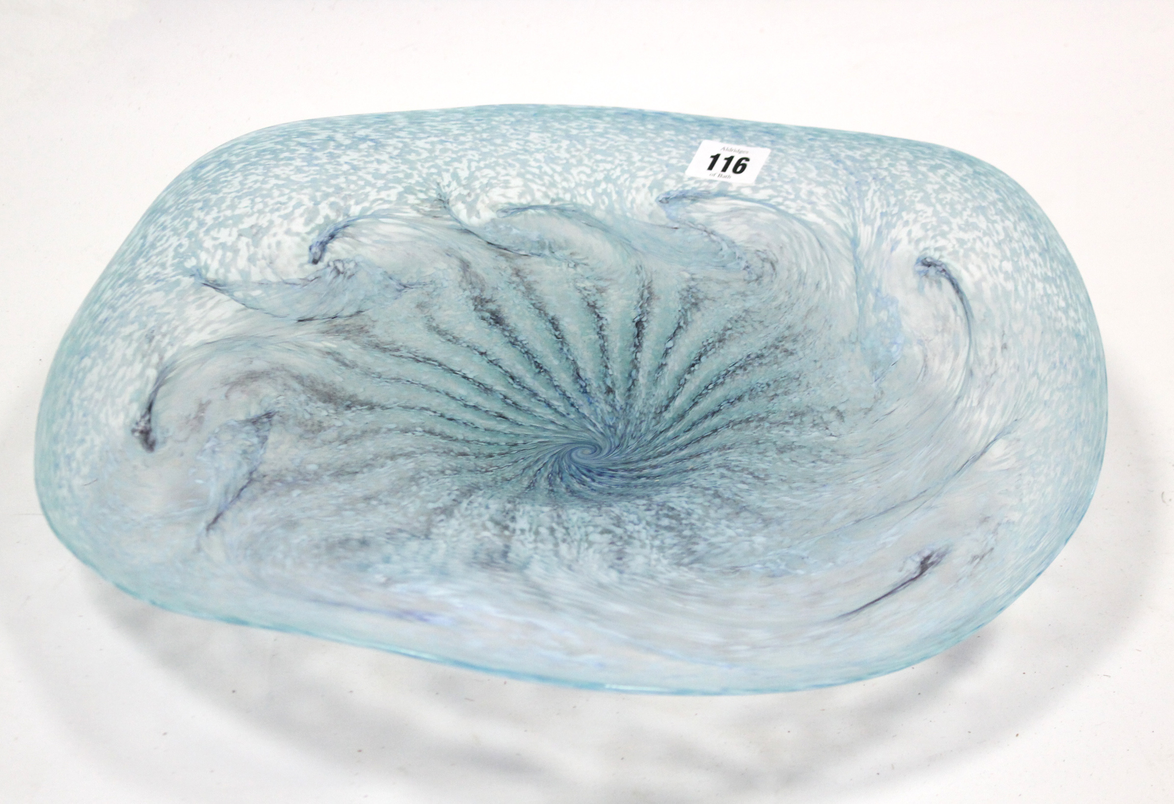 A large blue & white art glass shallow dish, 15½” diam.