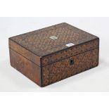 A 19th century parquetry-inlaid needlework box, 11¾” wide; together with two sets of kitchen scales;