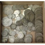 British pre-1947 silver coins: Geo. V Half-crowns x 12; Florins x 28; Shillings x 6; Sixpences x 65;