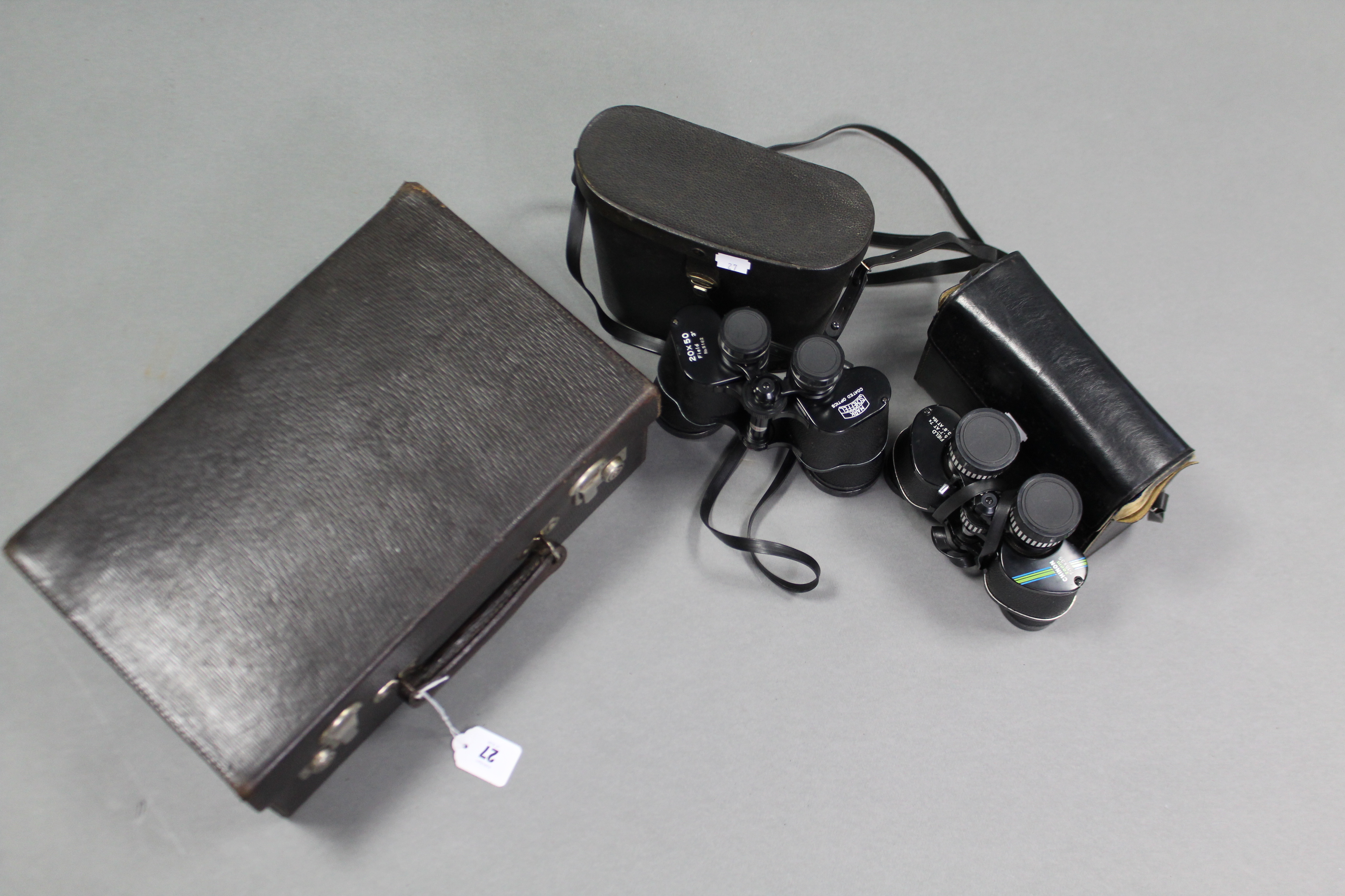 A brown morocco leather small travelling case, 15½” wide; & two pairs of binoculars; each with - Image 4 of 4