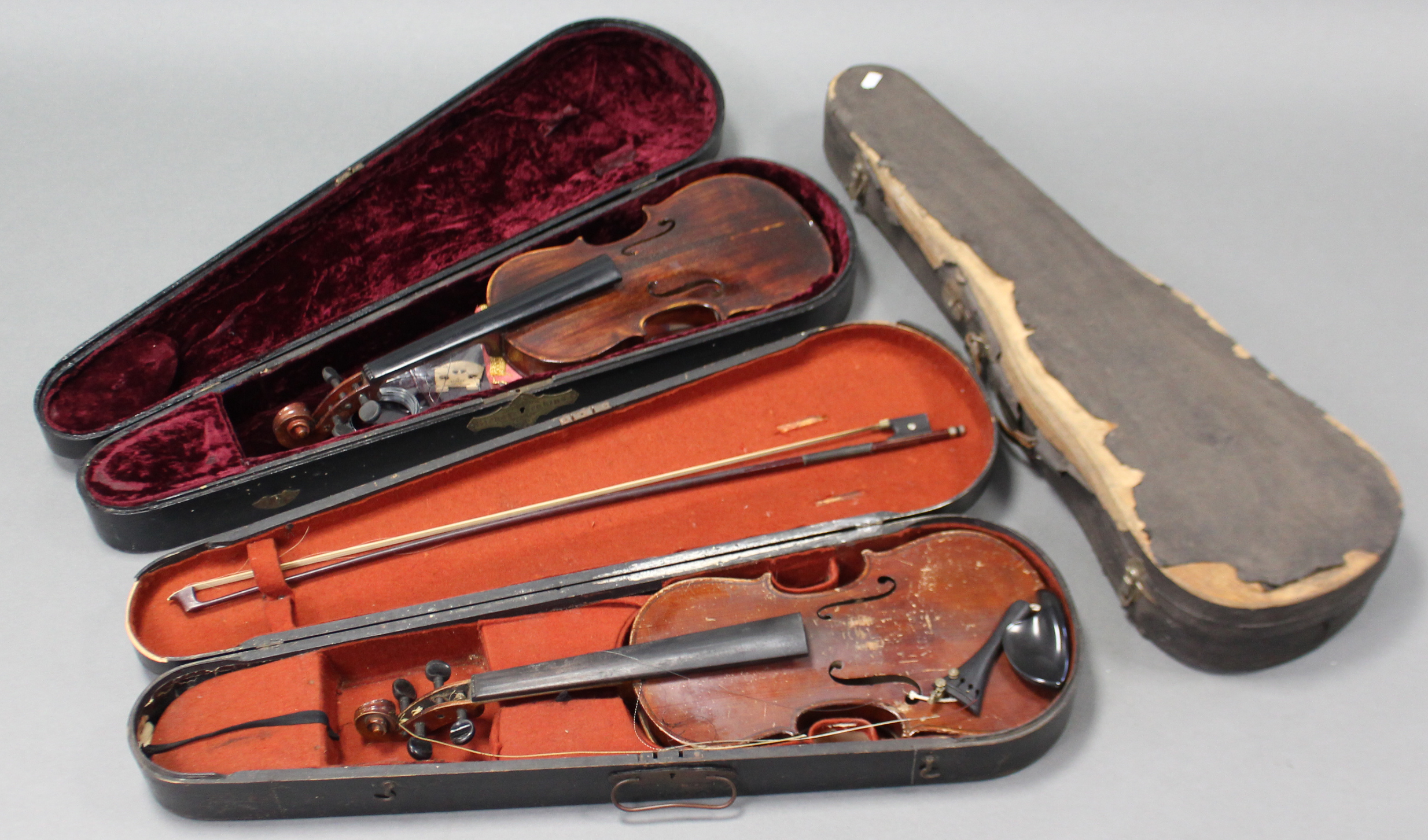 Two violins; a violin bow; & three violin cases. - Image 2 of 3