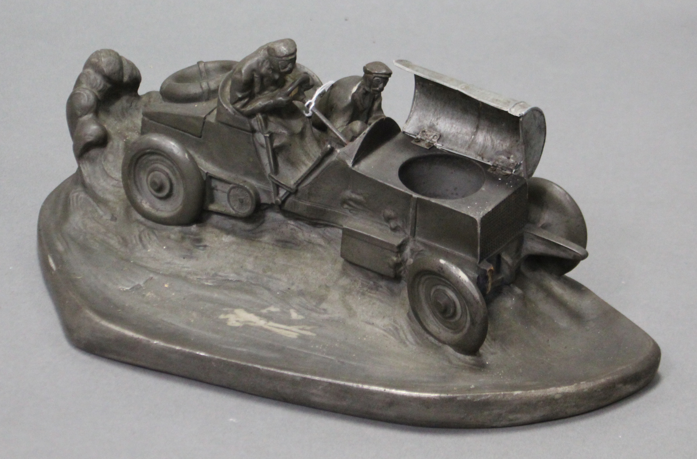 A large pewter-finish composition novelty desk, inkstand in the form of a vintage motor car, - Image 2 of 4