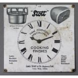 AN EARLY 20th CENTURY BLACK & WHITE ENAMELLED RECTANGULAR “STOTT HAM COOKING SPECIALITIES” CLOCK