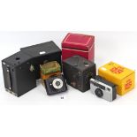 A VP Twin “Pocket Camera”; a Kodak “Instamatic 28” camera, both boxed; & two box cameras.