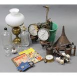 An Amwal glass soda syphon bottle; a brass oil table lamp; various pressure gauges; welding tools,