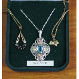 A 9ct gold open-work set small diamonds & sapphires, on 9ct. fine-link chain; a 9ct. Scottie dog
