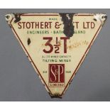 A LATE 19TH/EARLY 20TH CENTURY ENAMELLED TRIANGULAR SIGN “STOTHERT & PITT LTD ENGINEERS, BATH”, 16¼”