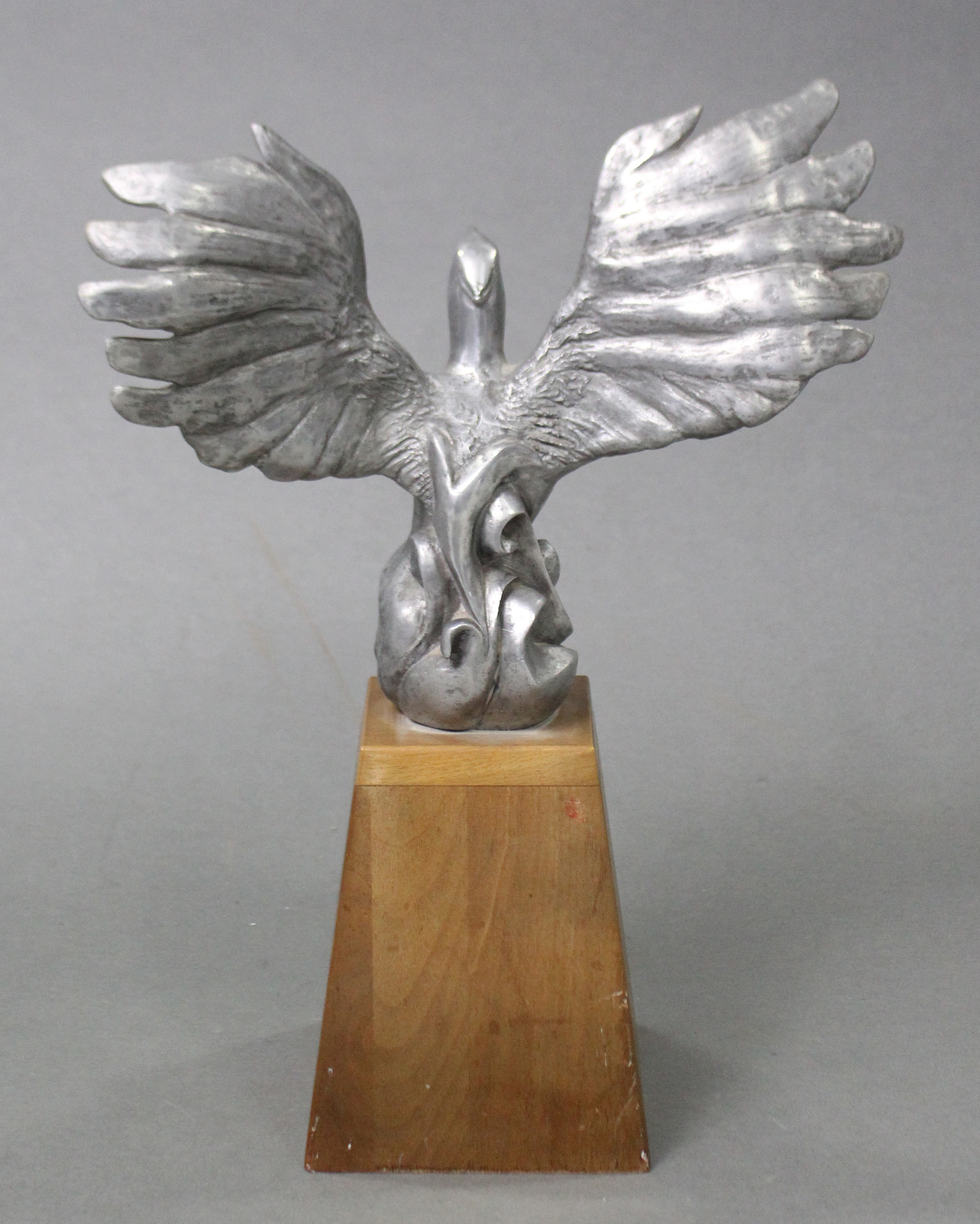 A cast alluminium model of a Phoenix, with wings spread, on tapered oblong wooden base, 17" high ove - Image 2 of 2