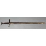 A replica Scottish broadsword with 37” long double-edge blade, & with wire-grip.