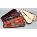 Two violins; a violin bow; & three violin cases.