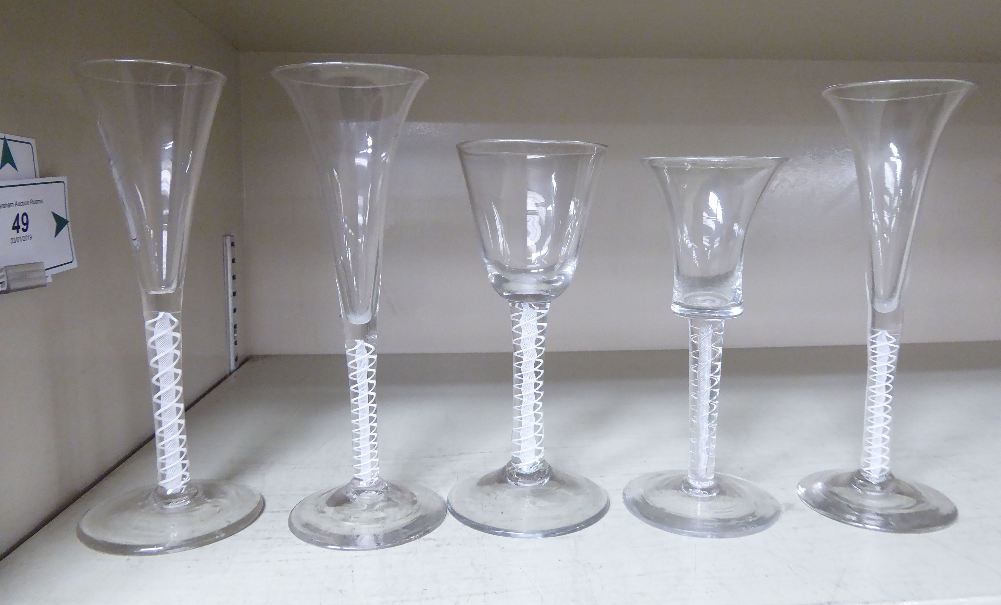 Five Georgian style wine glasses with similar spiralled and cottontwist stem decoration, viz.