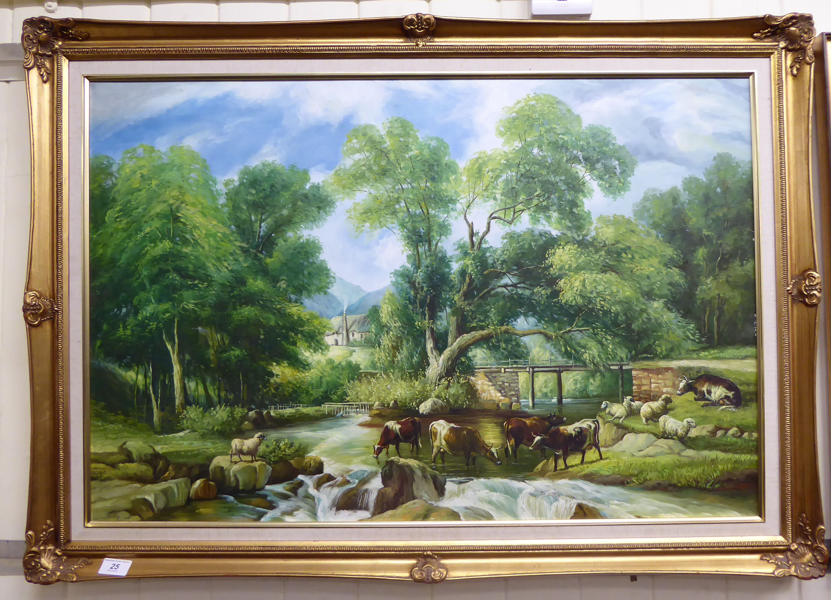 20thC European School - watering cattle and sheep with a cottage and woodland beyond oil on canvas