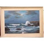 John Hewitt - a moonlit seascape oil on canvas bears a signature 20'' x 29'' framed RSM