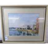 Ann Plested - a Mediterranean shoreline scene with a small town beyond watercolour bears a