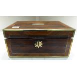 A mid 19thC rosewood and kingwood veneered vanity box, having lacquered brass,