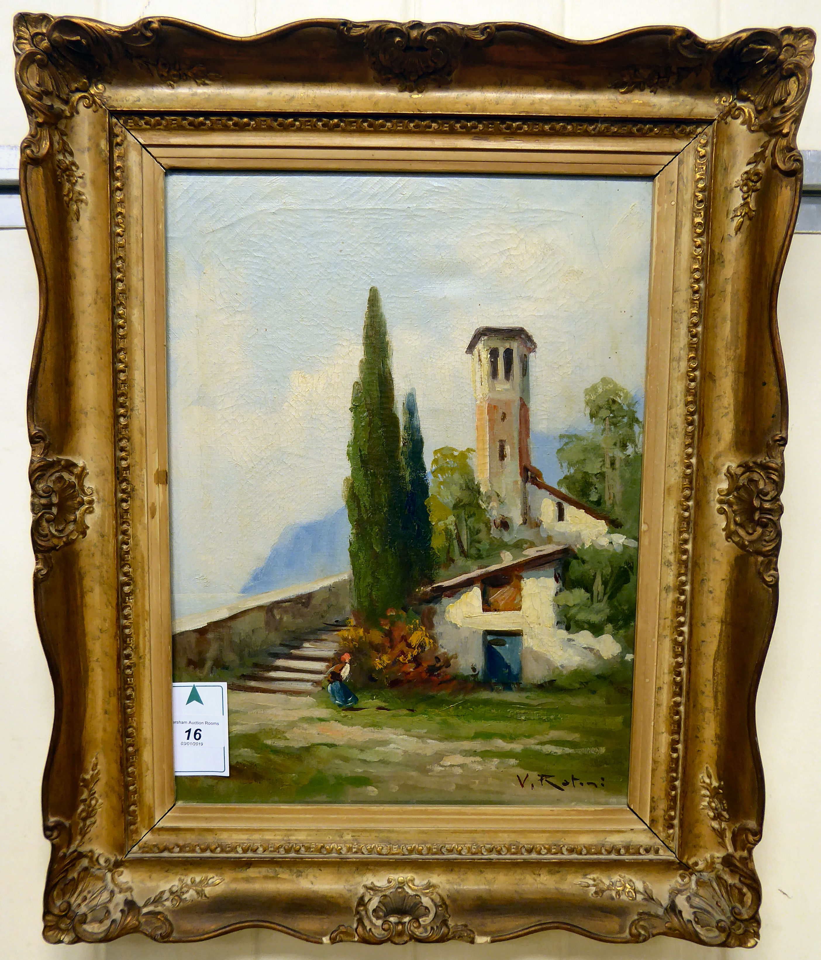 V Rotini - 'Old Belonia' oil on canvas bears a signature & inscription verso 15'' x 11'' framed