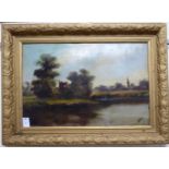 J Wood - a riverscape with ruins beyond oil on canvas bears a signature 19'' x 29'' framed