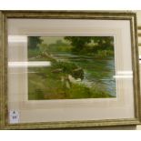 John Wadkins - fishing on the banks of a river oil on board bears a signature 11'' x 15''