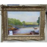 Crane - a landscape with a boating lake in the foreground and fields beyond oil on canvas bears a