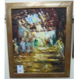 A 20thC North African street market scene oil on canvas 16'' x 12.