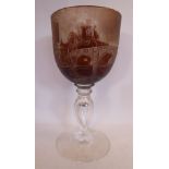 A glass presentation goblet, the cup shaped, semi-opaque,