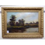 J Wood - a riverscape with ruins beyond oil on canvas bears a signature 19'' x 29'' framed