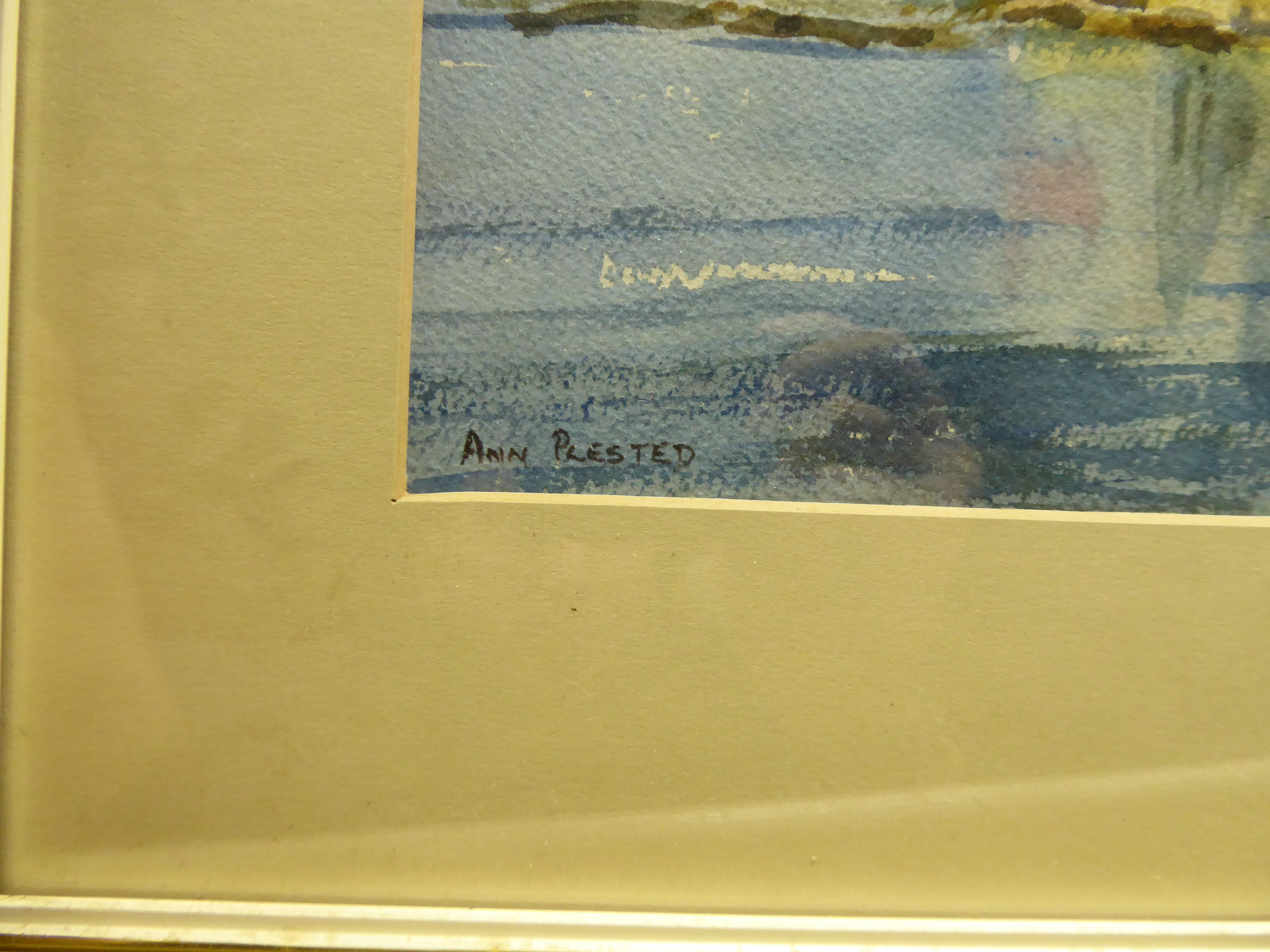 Ann Plested - a Mediterranean shoreline scene with a small town beyond watercolour bears a - Image 2 of 2